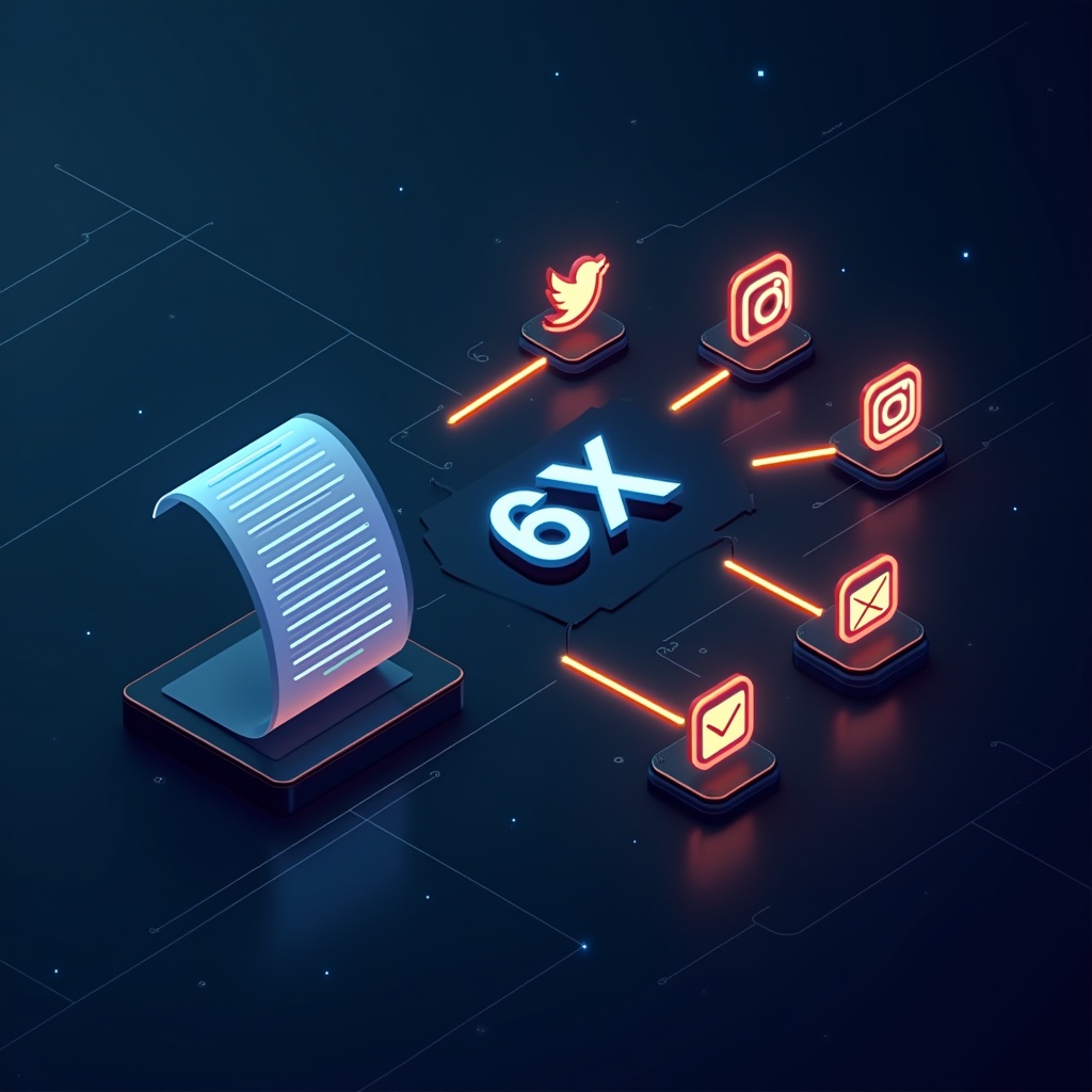 A single document connected by 6 glowing amber streams to social media platform icons, representing 6x content reach