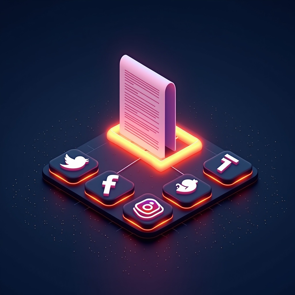 A blog post document connected by glowing amber lines to 7 social media platform icons
