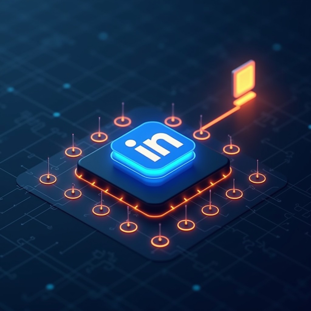 LinkedIn logo surrounded by a glowing content calendar, connected to a single document by an amber line
